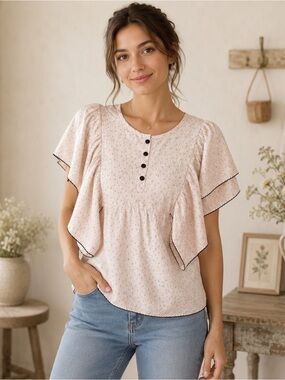 Vintage Silk ruffled top Pink Blouse size S cottagecore